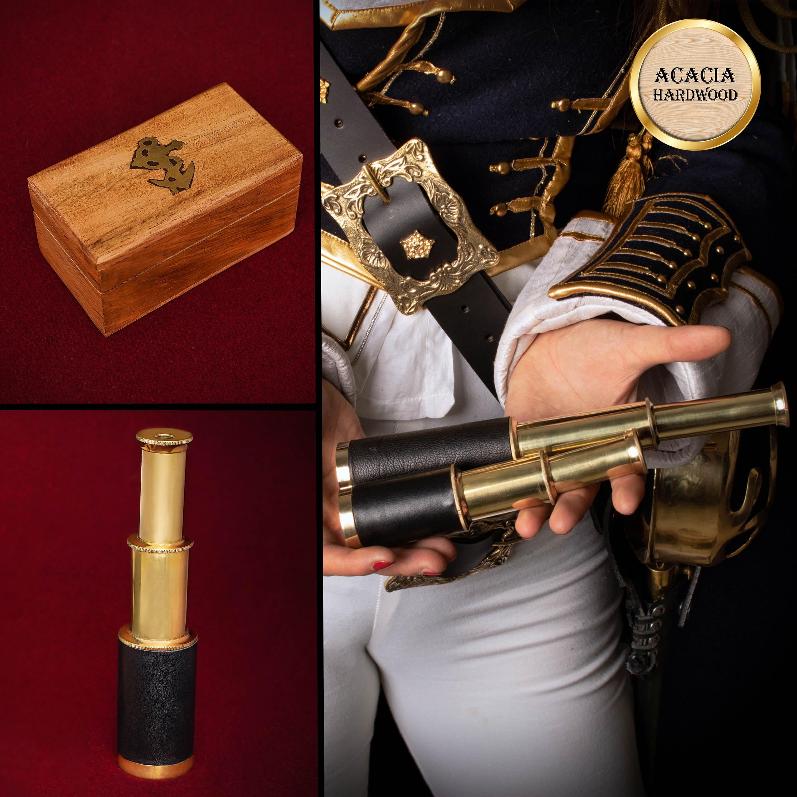 Mythrojan Brass Handheld Telescope 6-Inch Mini Spyglass with Wooden Case – Pirate Cosplay Accessory