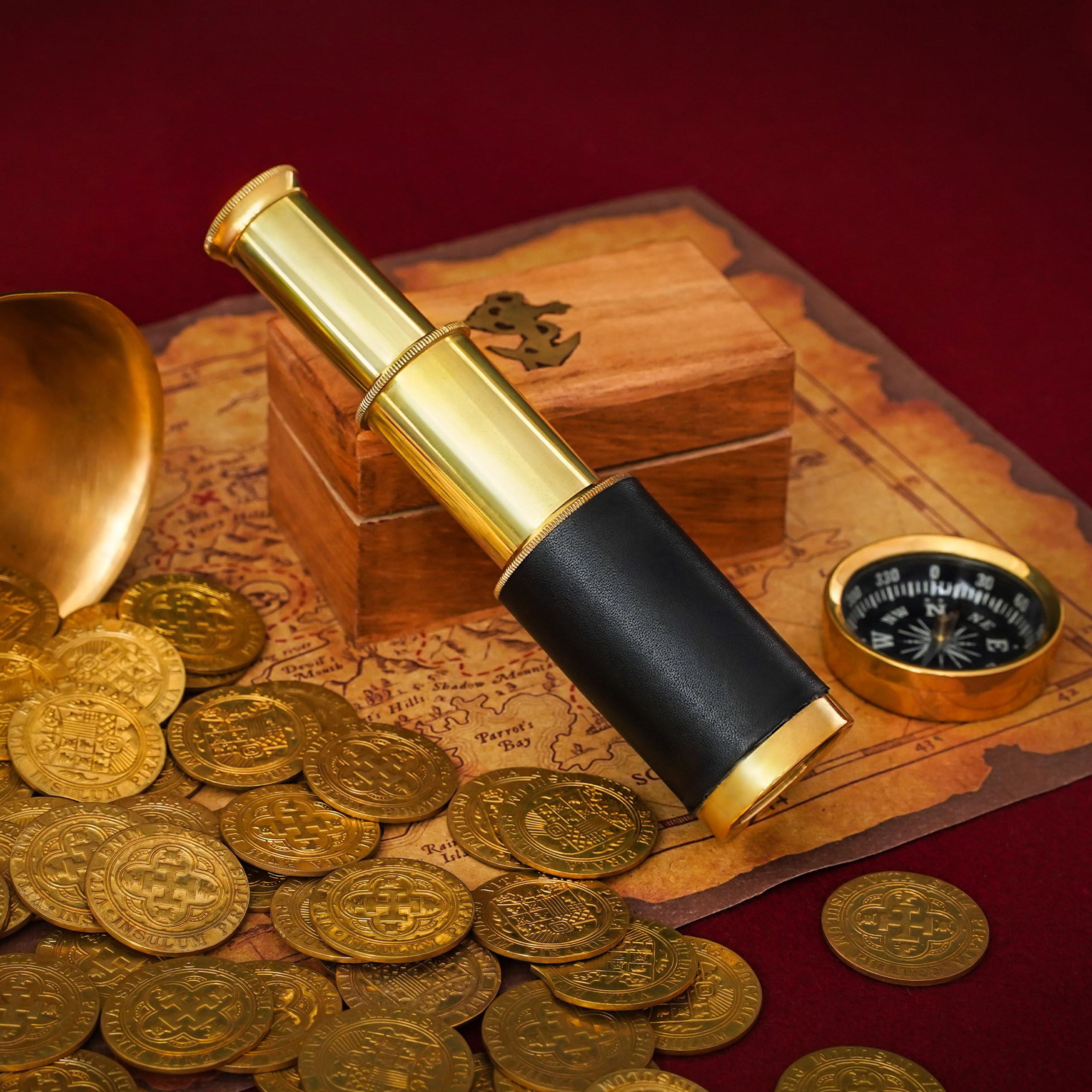 Mythrojan Brass Handheld Telescope 6-Inch Mini Spyglass with Wooden Case – Pirate Cosplay Accessory