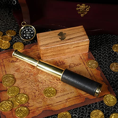 Mythrojan Brass Handheld Telescope 6-Inch Mini Spyglass with Wooden Case – Pirate Cosplay Accessory