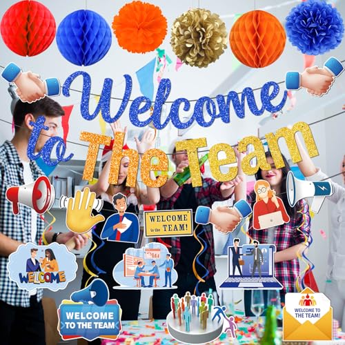 MZ.ogm Welcome To The Team Banner Set – Office Team Party Decorations with Garland, Swirls, Flowers & Honeycomb Balls