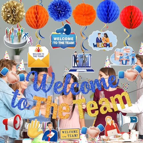 MZ.ogm Welcome To The Team Banner Set – Office Team Party Decorations with Garland, Swirls, Flowers & Honeycomb Balls