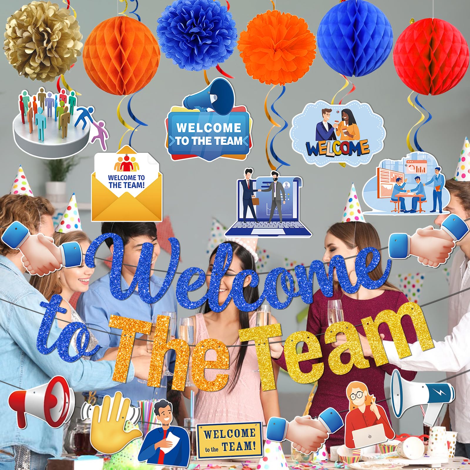 MZ.ogm Welcome To The Team Banner Set – Office Team Party Decorations with Garland, Swirls, Flowers & Honeycomb Balls
