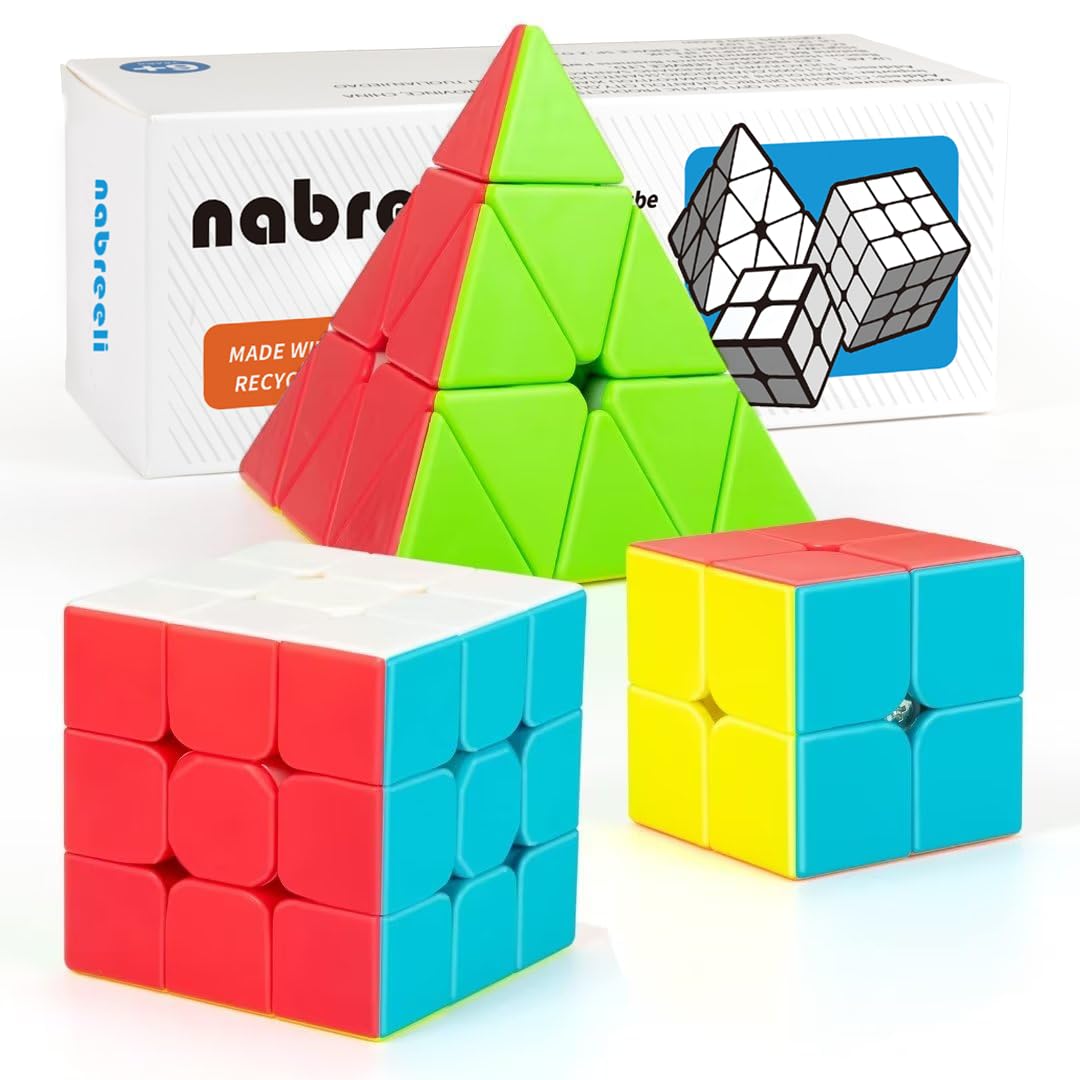 Nabreeli 3-Pack Speed Cube Set – 2x2, 3x3 & Pyramid Stickerless Puzzles for Brain Training, Travel & Gifts