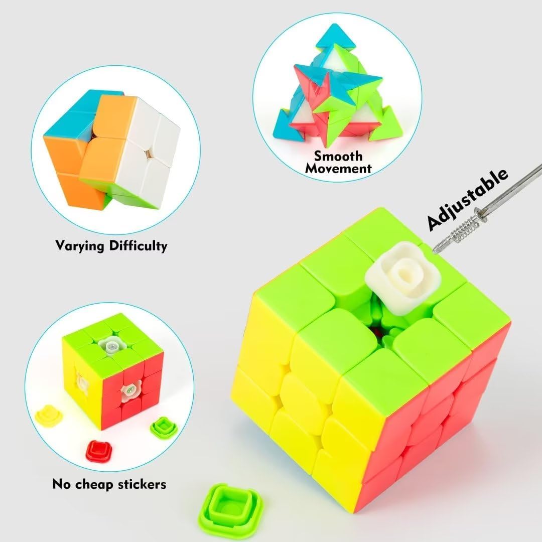 Nabreeli 3-Pack Speed Cube Set – 2x2, 3x3 & Pyramid Stickerless Puzzles for Brain Training, Travel & Gifts