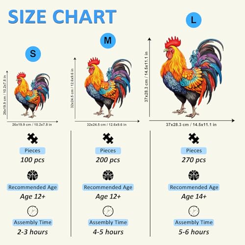 NABYSHOP Wooden Rooster Puzzle - 270 Pieces, 14.5x11.1 Inches, Natural Wood Jigsaw for Adults
