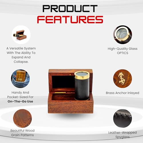 Nagina International Handcrafted Brass Telescope - 6 Inch Pirate Spyglass with Rosewood Box and Leather Case