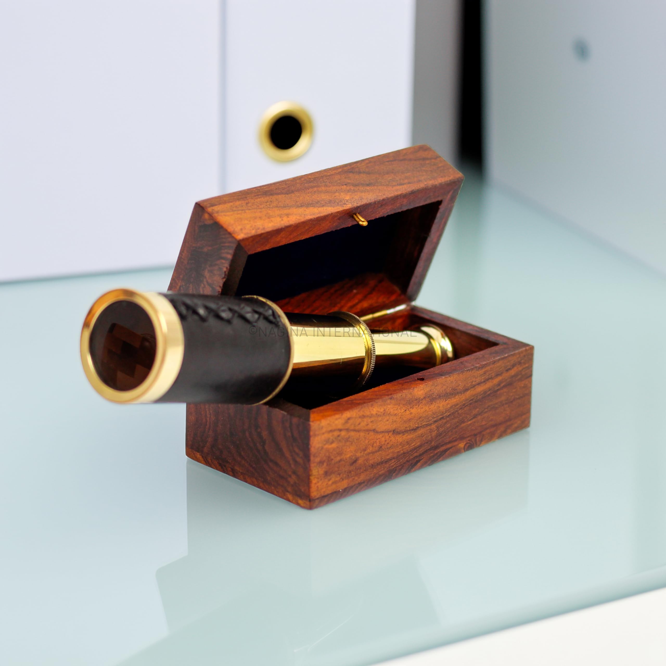 Nagina International Handcrafted Brass Telescope - 6 Inch Pirate Spyglass with Rosewood Box and Leather Case