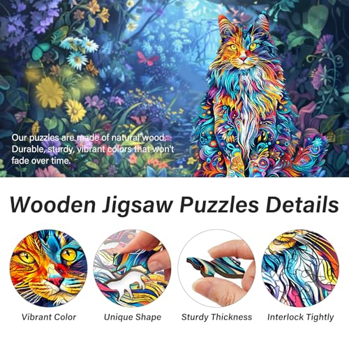 NANFUNCF Wooden Cat Puzzle for Adults – 80 Piece Jigsaw with Unique Animal Shapes