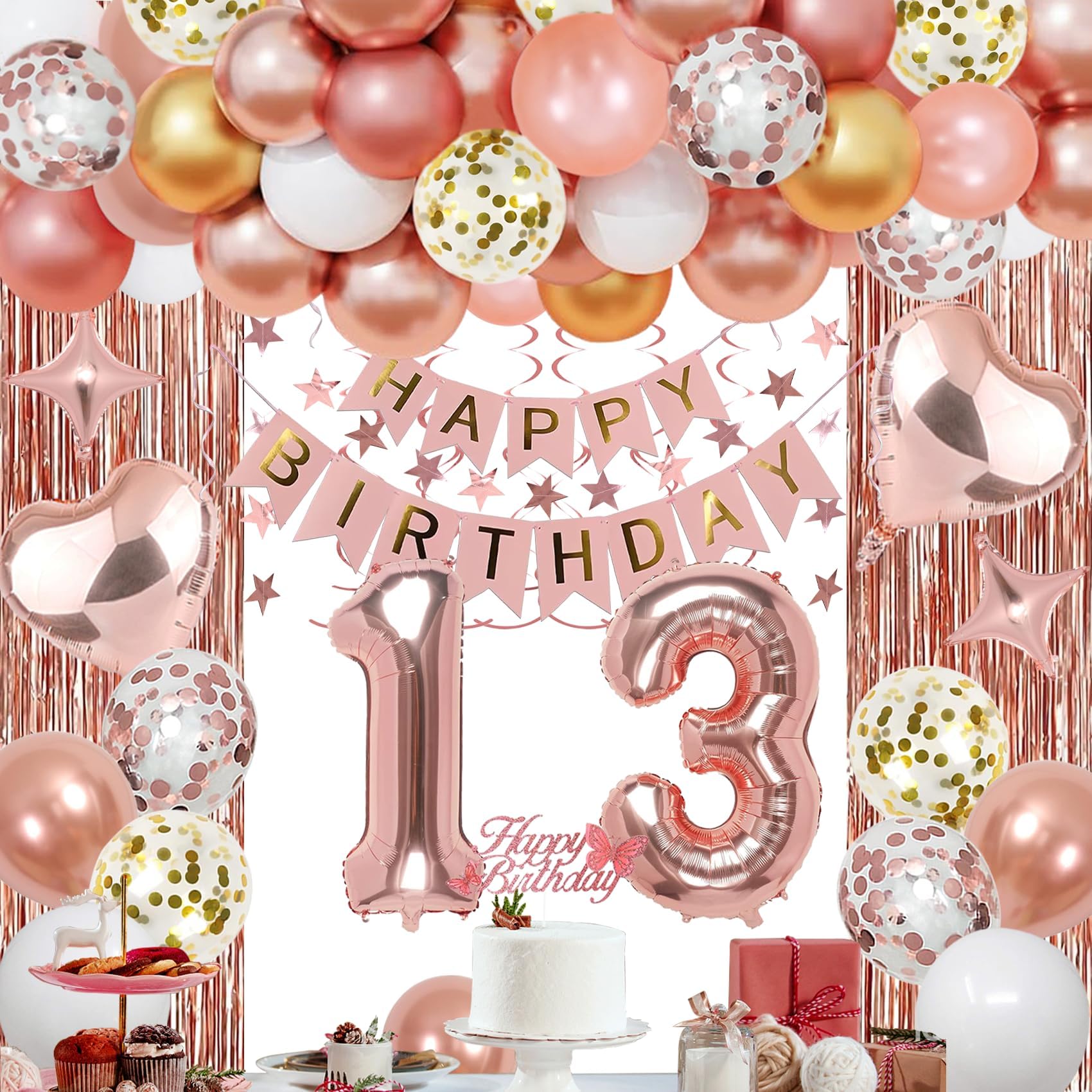 NANINUNENO 13th Birthday Party Decorations Kit - Rose Gold Banner, Fringe Curtains, Foil Balloons & Cake Topper for Girls