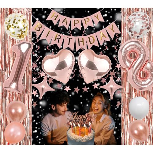 NANINUNENO 13th Birthday Party Decorations Kit - Rose Gold Banner, Fringe Curtains, Foil Balloons & Cake Topper for Girls