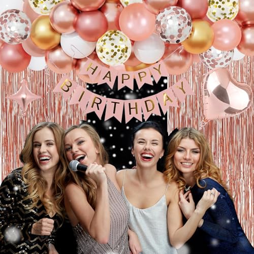 NANINUNENO 13th Birthday Party Decorations Kit - Rose Gold Banner, Fringe Curtains, Foil Balloons & Cake Topper for Girls