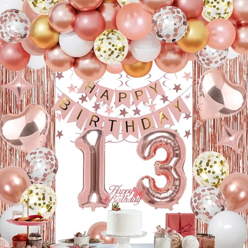 NANINUNENO 13th Birthday Party Decorations Kit - Rose Gold Banner, Fringe Curtains, Foil Balloons & Cake Topper for Girls