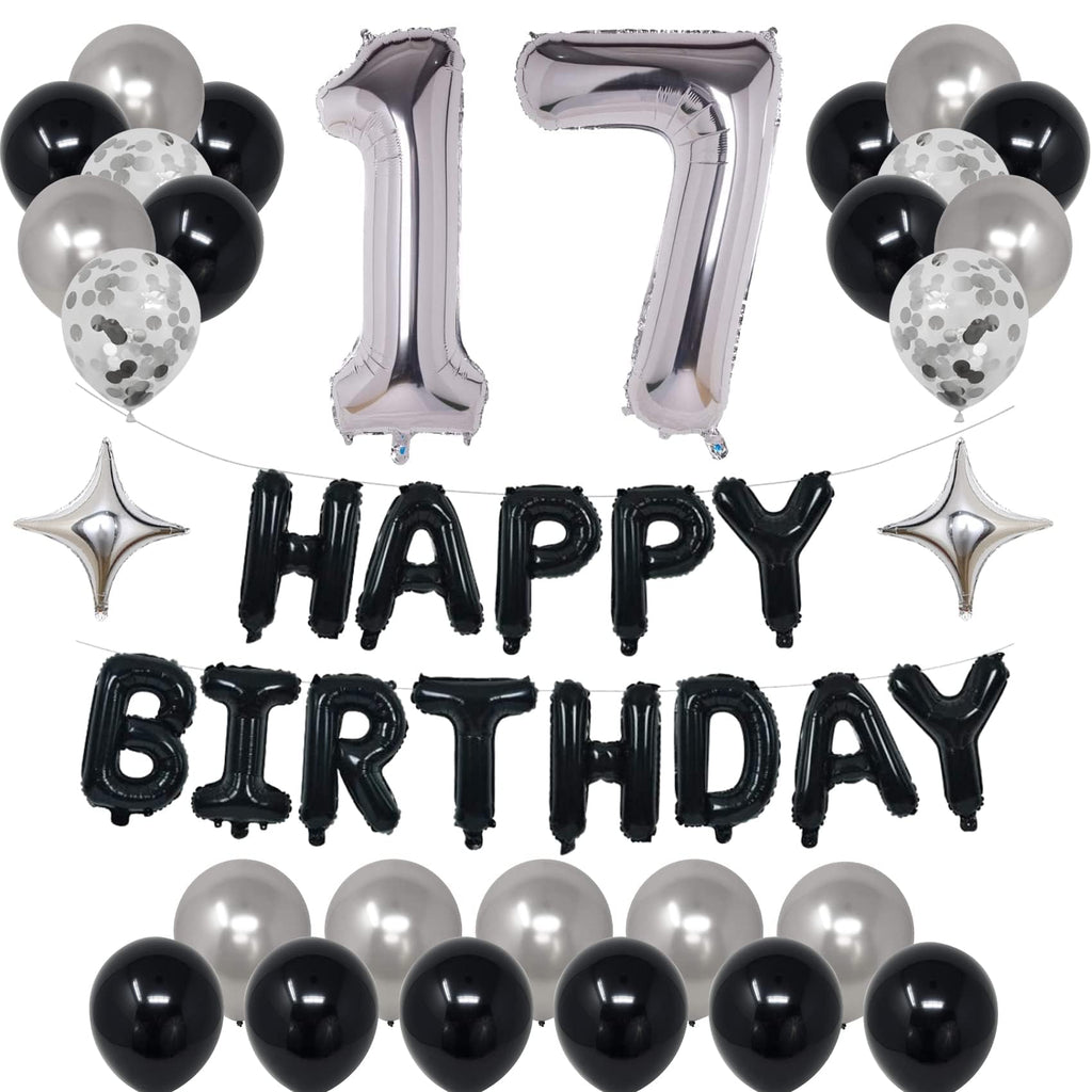 NANINUNENO 17th Birthday Decoration Kit – Black & Silver Balloon Set with Banner, Number 17 Foil, Stars, Confetti