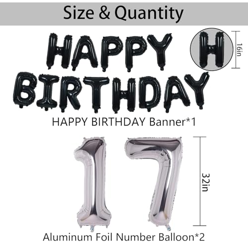 NANINUNENO 17th Birthday Decoration Kit – Black & Silver Balloon Set with Banner, Number 17 Foil, Stars, Confetti