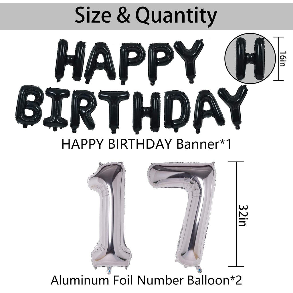 NANINUNENO 17th Birthday Decoration Kit – Black & Silver Balloon Set with Banner, Number 17 Foil, Stars, Confetti