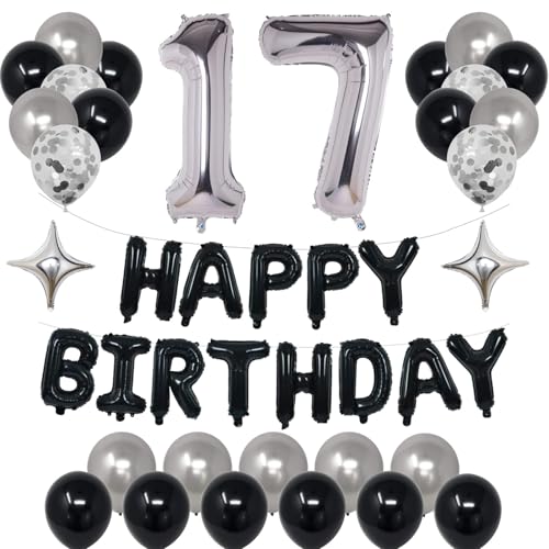 NANINUNENO 17th Birthday Decoration Kit – Black & Silver Balloon Set with Banner, Number 17 Foil, Stars, Confetti