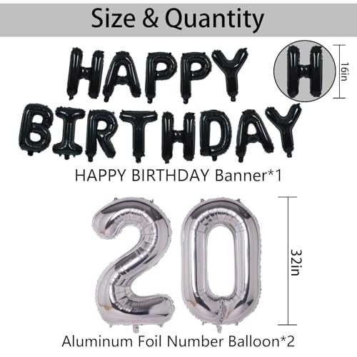 NANINUNENO 20th Birthday Decorations Kit – Black & Silver Balloons, Banner, Confetti