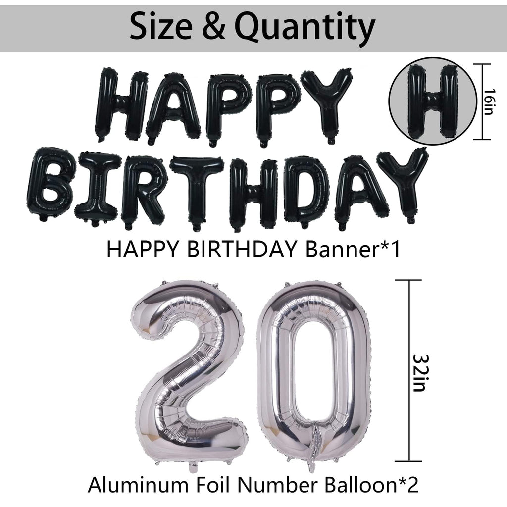 NANINUNENO 20th Birthday Decorations Kit – Black & Silver Balloons, Banner, Confetti