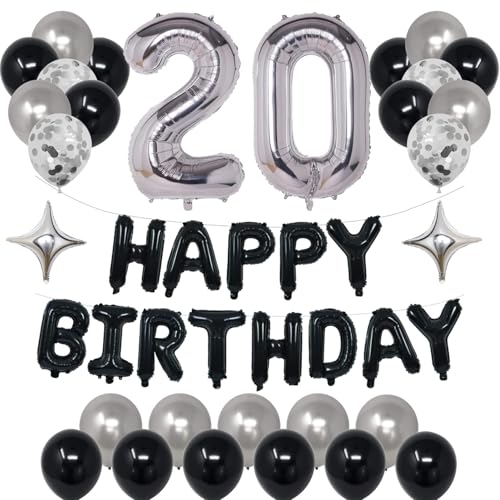 NANINUNENO 20th Birthday Decorations Kit – Black & Silver Balloons, Banner, Confetti