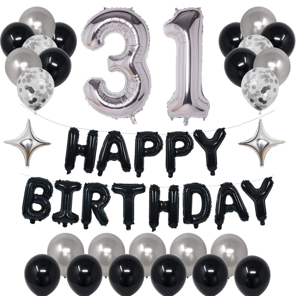 NANINUNENO 31st Birthday Balloon Decorations - Black Silver Foil Stars & Confetti Kit
