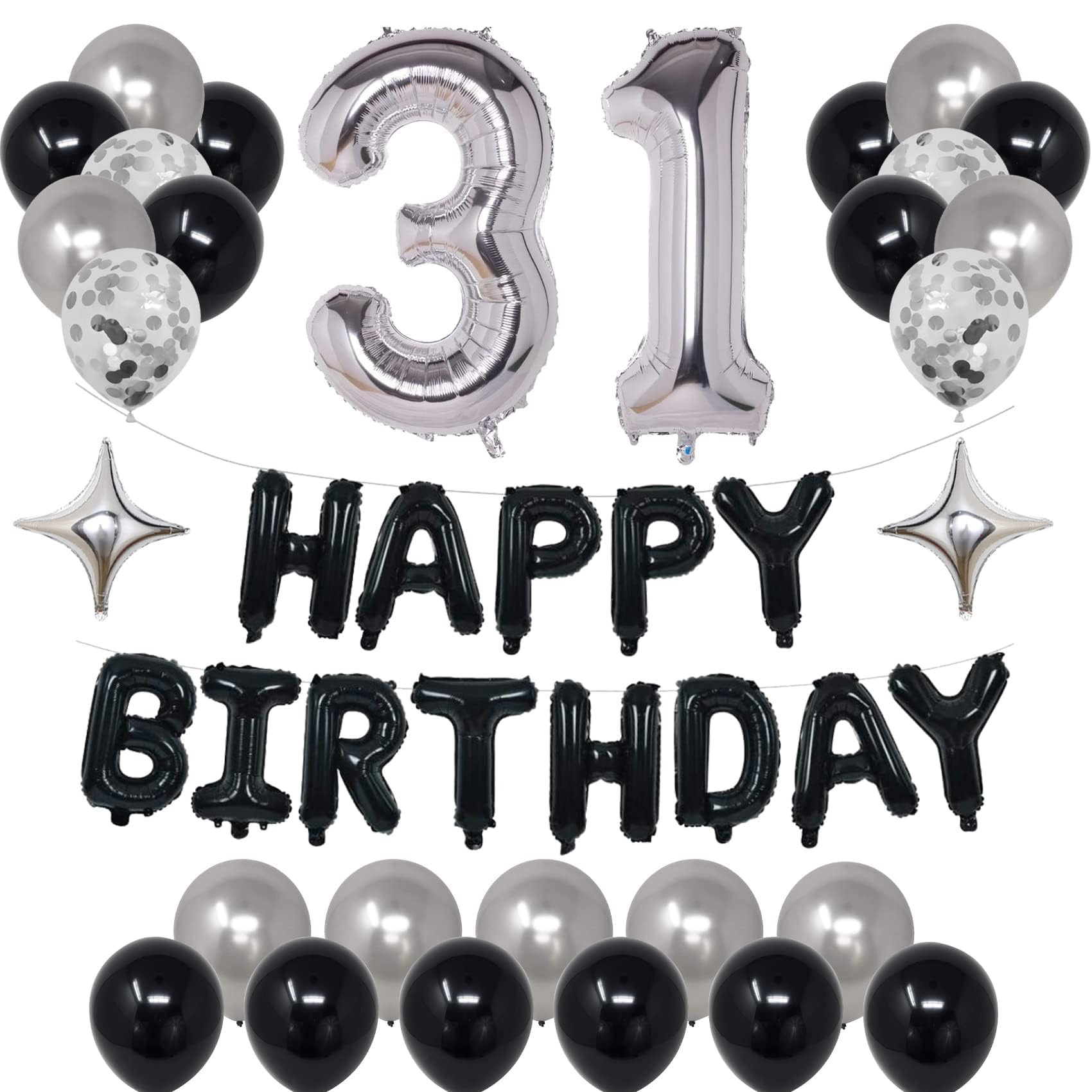 NANINUNENO 31st Birthday Balloon Decorations - Black Silver Foil Stars & Confetti Kit