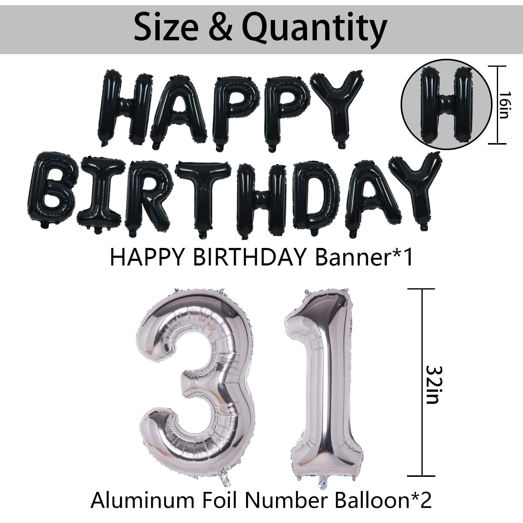 NANINUNENO 31st Birthday Balloon Decorations - Black Silver Foil Stars & Confetti Kit