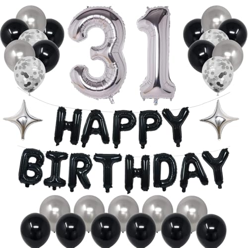 NANINUNENO 31st Birthday Balloon Decorations - Black Silver Foil Stars & Confetti Kit