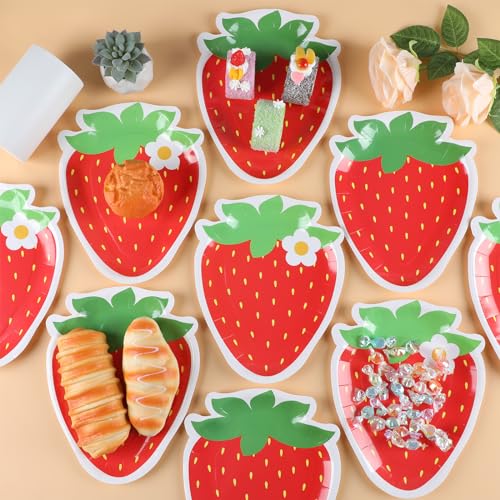 Naozinebi 50 Pack Strawberry Shaped Paper Plates – 8.85 x 7 Inch Disposable Dessert Plates for Parties, Weddings, and Baby Showers