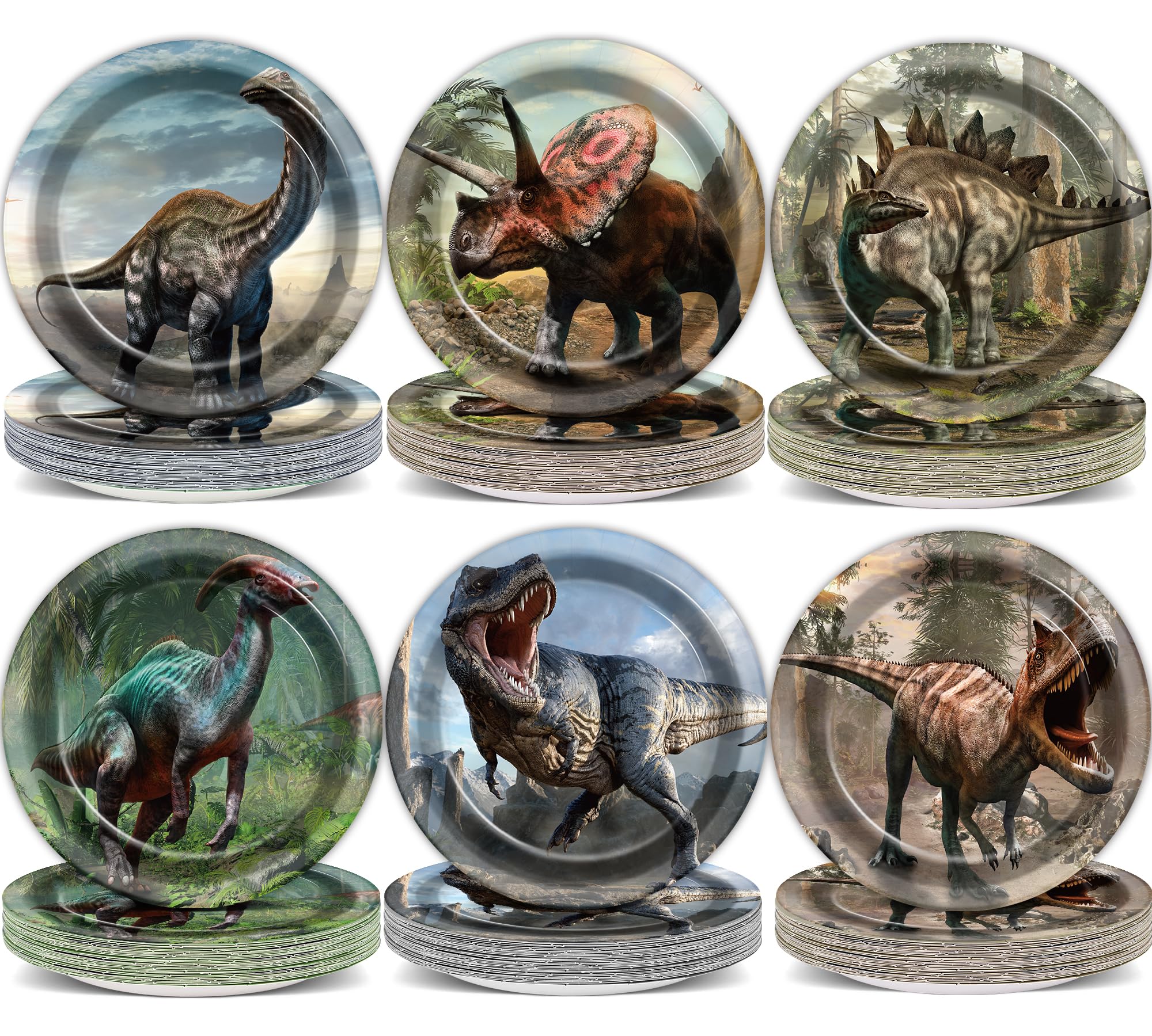 Naozinebi 72-Pack Dinosaur Paper Plates - 7 Inch Disposable Dino Party Supplies with 6 Tropical Jungle Designs