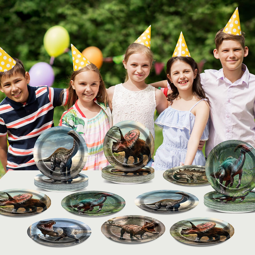 Naozinebi 72-Pack Dinosaur Paper Plates - 7 Inch Disposable Dino Party Supplies with 6 Tropical Jungle Designs