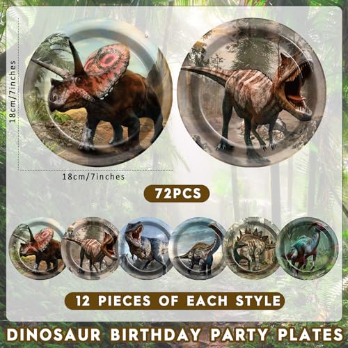 Naozinebi 72-Pack Dinosaur Paper Plates - 7 Inch Disposable Dino Party Supplies with 6 Tropical Jungle Designs