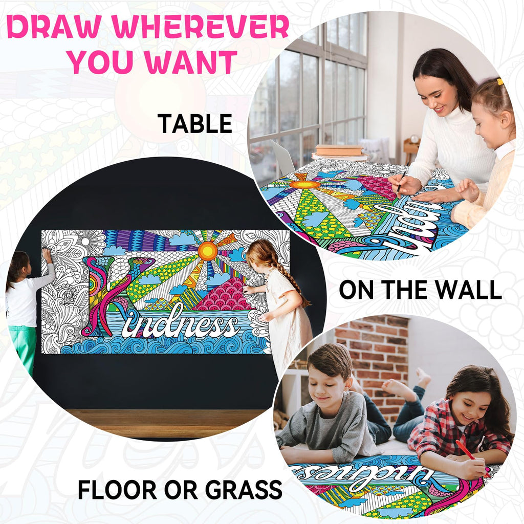 Naozinebi Giant Mandala Coloring Poster 25x50 Inches, Large Motivational Black and White Poster for Group Coloring Activities, Kids and Adults