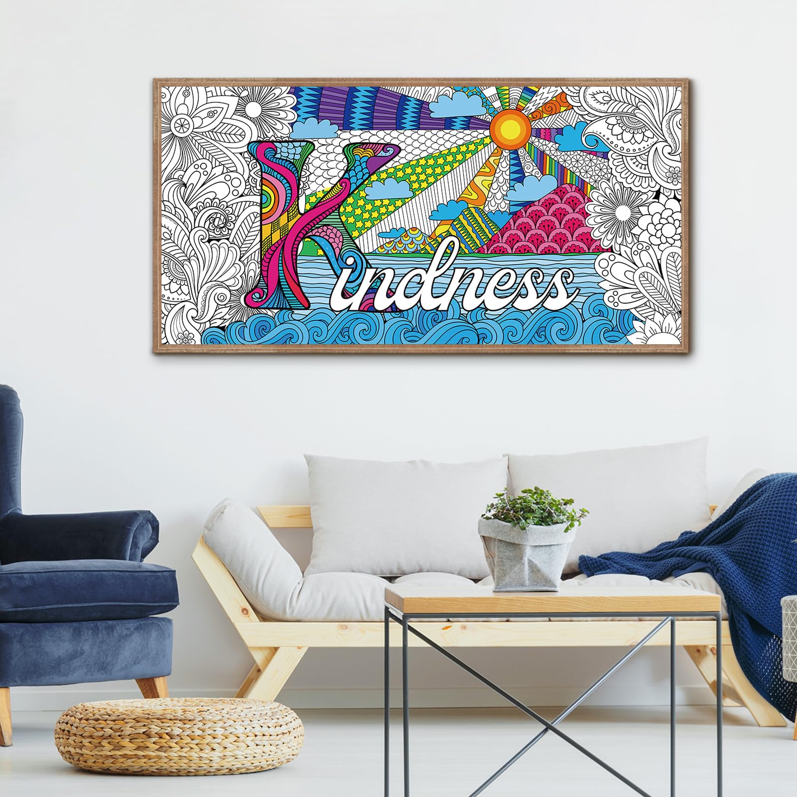 Naozinebi Giant Mandala Coloring Poster 25x50 Inches, Large Motivational Black and White Poster for Group Coloring Activities, Kids and Adults