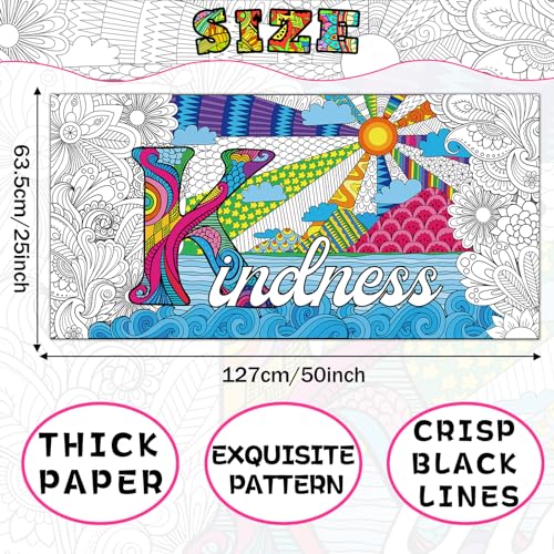 Naozinebi Giant Mandala Coloring Poster 25x50 Inches, Large Motivational Black and White Poster for Group Coloring Activities, Kids and Adults