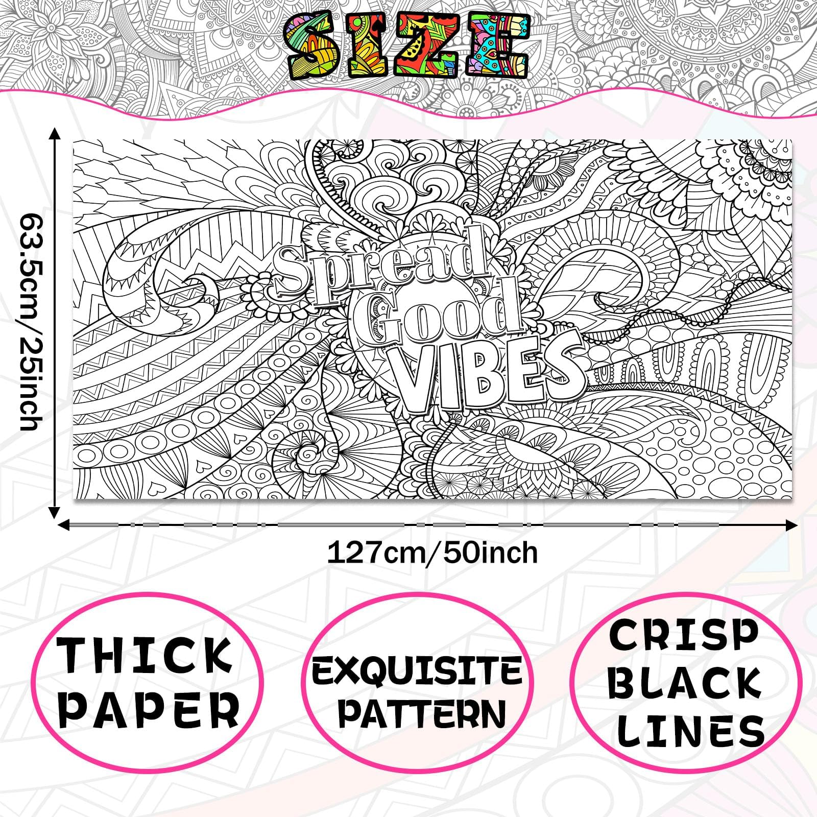 Naozinebi Giant Mandala Coloring Poster – Large Motivational Poster for Kids & Adults, 25x50 Inches, Non-Toxic, Laminated
