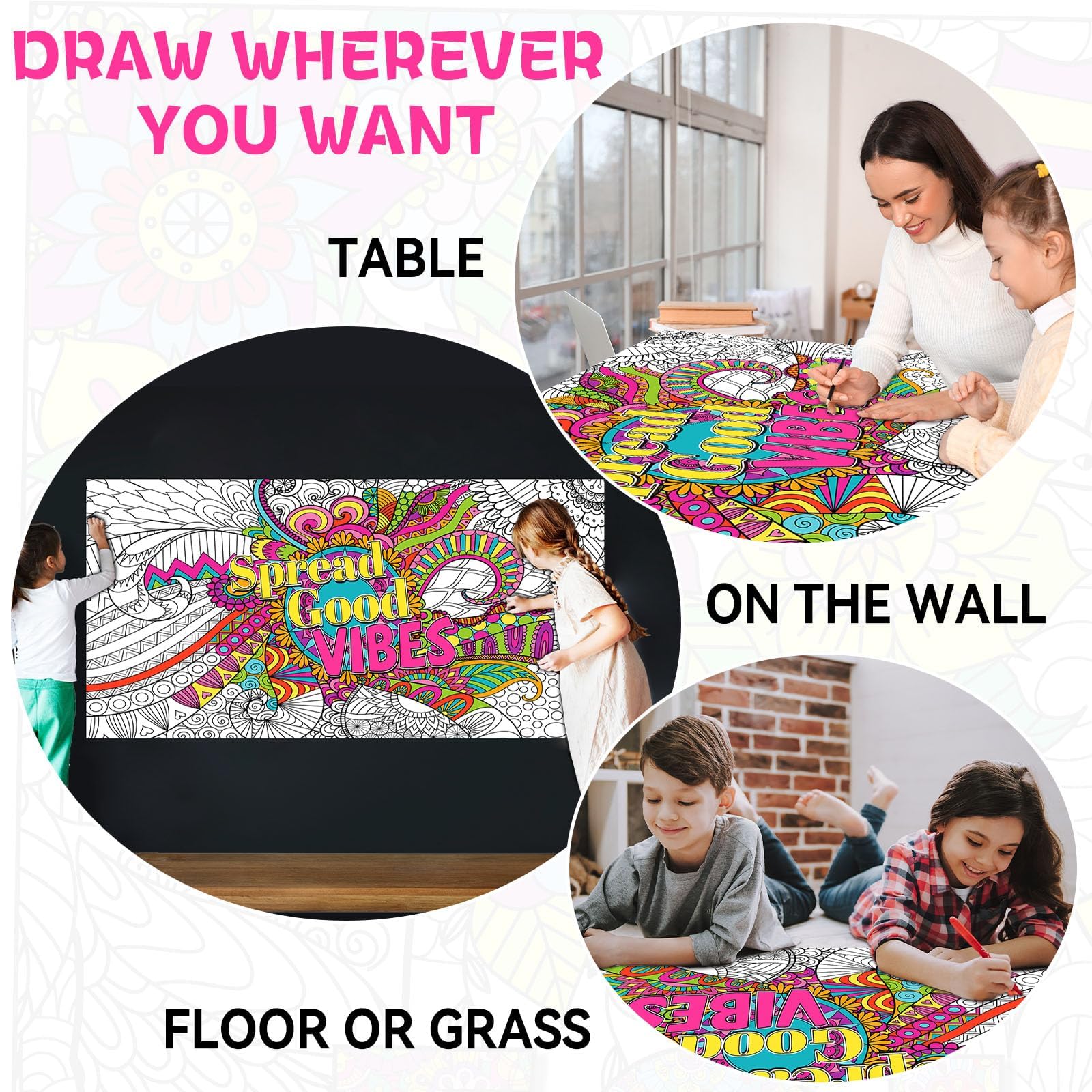 Naozinebi Giant Mandala Coloring Poster – Large Motivational Poster for Kids & Adults, 25x50 Inches, Non-Toxic, Laminated