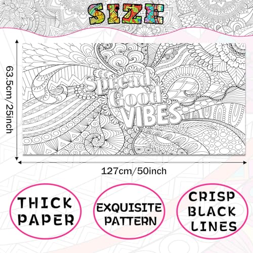 Naozinebi Giant Mandala Coloring Poster – Large Motivational Poster for Kids & Adults, 25x50 Inches, Non-Toxic, Laminated