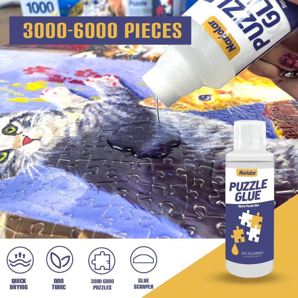 Nariolar Puzzle Glue 8 oz (240ml) Clear with Applicator – Fast Drying for 3000-6000 Piece Jigsaws