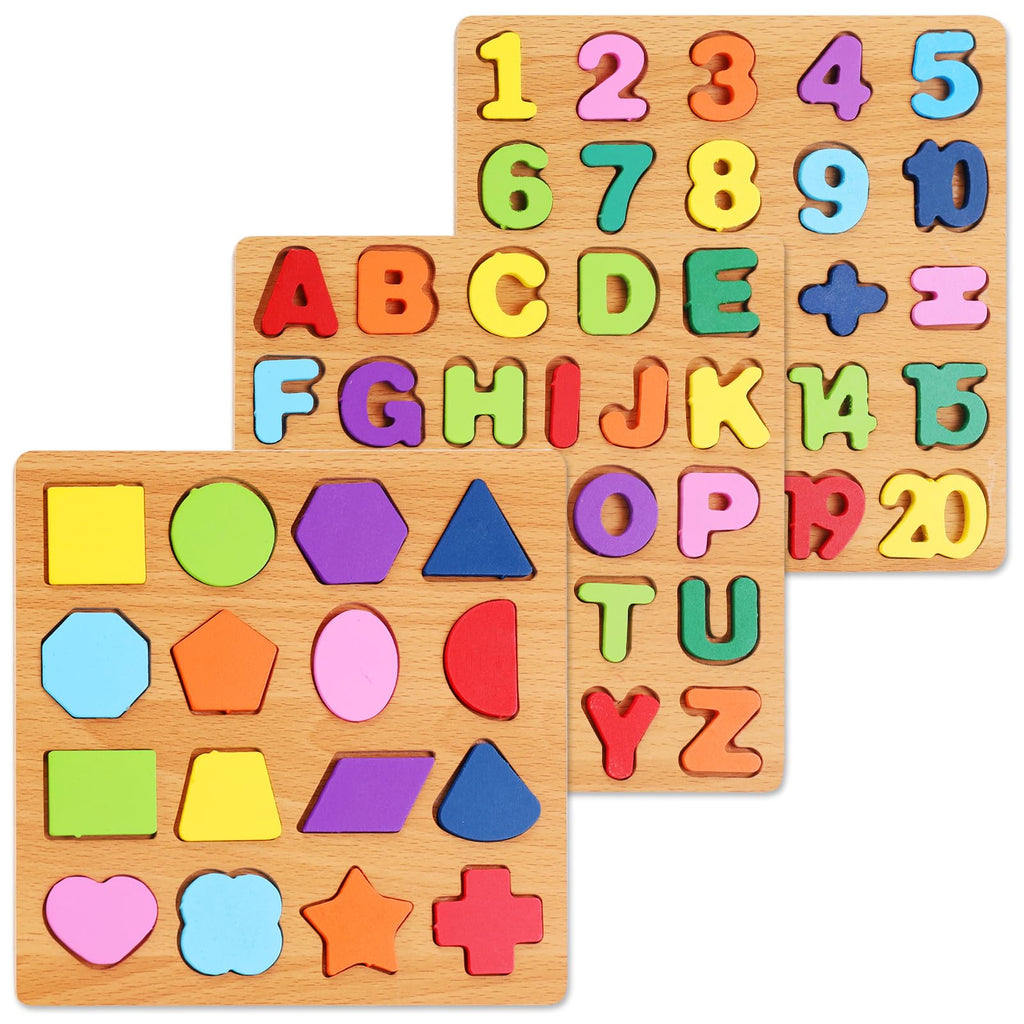 NASHRIO Wooden Alphabet, Number, and Shape Puzzle Set for Toddlers Ages 3-5