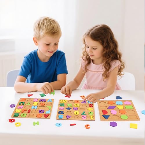 NASHRIO Wooden Alphabet, Number, and Shape Puzzle Set for Toddlers Ages 3-5