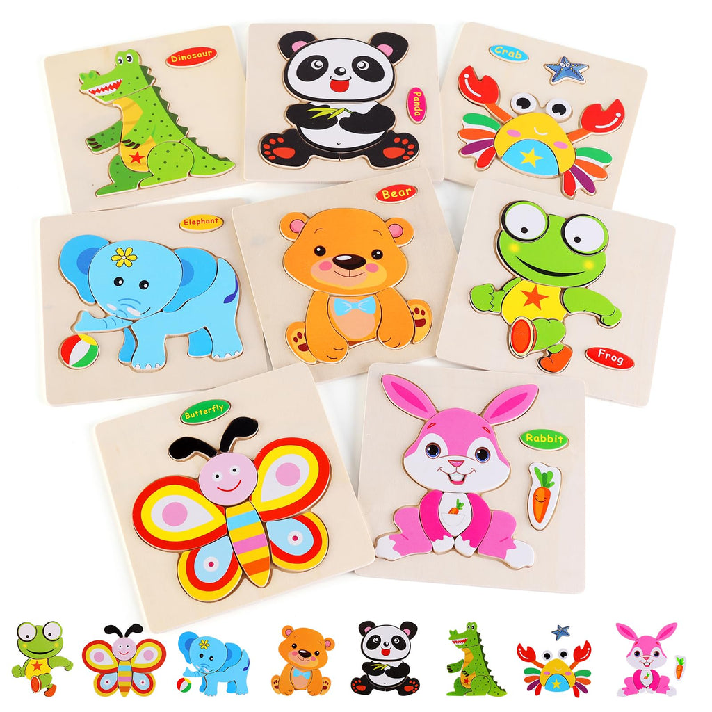 NASHRIO Wooden Animal Puzzles for Toddlers 1-3 – Set of 8 Safe, Montessori-Friendly Jigsaw Puzzles