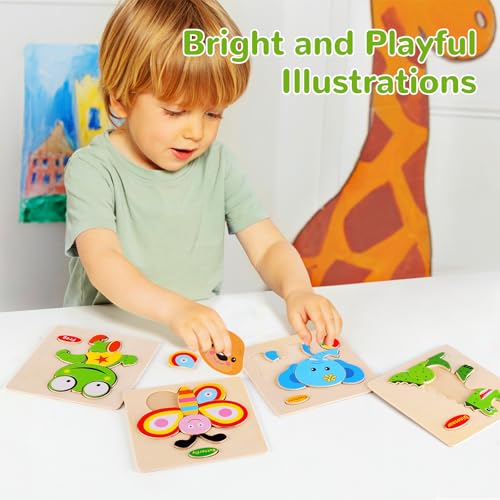 NASHRIO Wooden Animal Puzzles for Toddlers 1-3 – Set of 8 Safe, Montessori-Friendly Jigsaw Puzzles