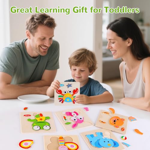 NASHRIO Wooden Animal Puzzles for Toddlers 1-3 – Set of 8 Safe, Montessori-Friendly Jigsaw Puzzles