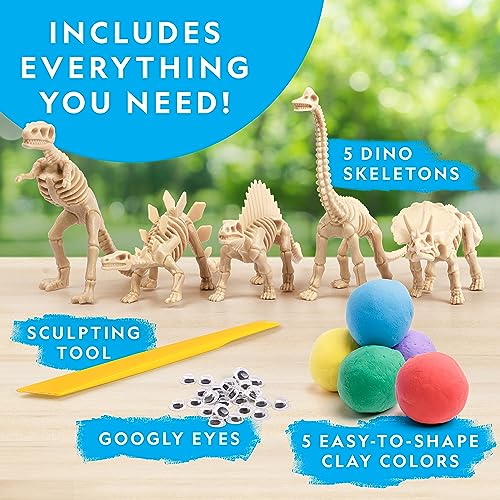 National Geographic Air Dry Clay Dinosaur Craft Kit – 5 Dino Skeletons, 5 Colors, Googly Eyes for Kids Ages 4+