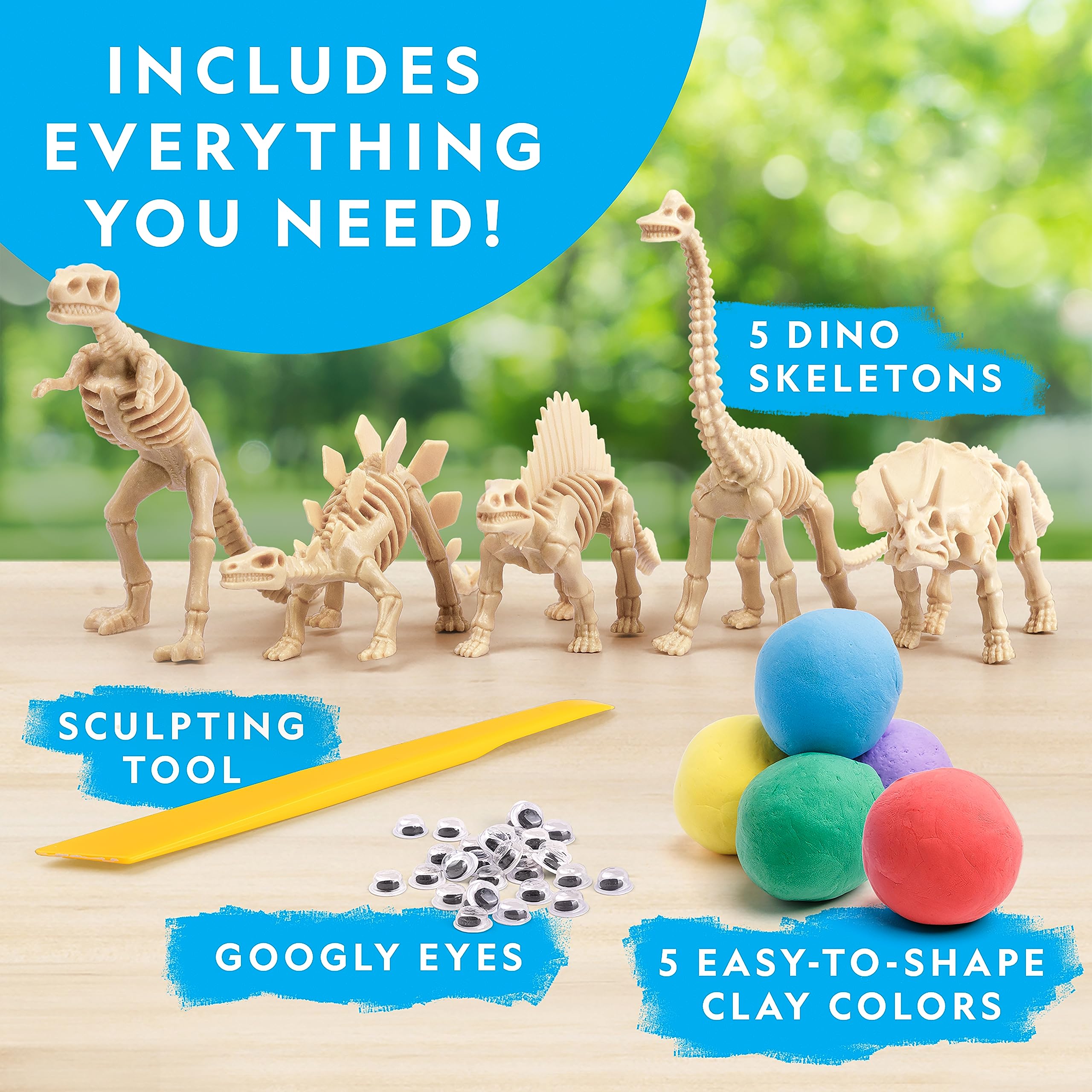 National Geographic Air Dry Clay Dinosaur Craft Kit – 5 Dino Skeletons, 5 Colors, Googly Eyes for Kids Ages 4+