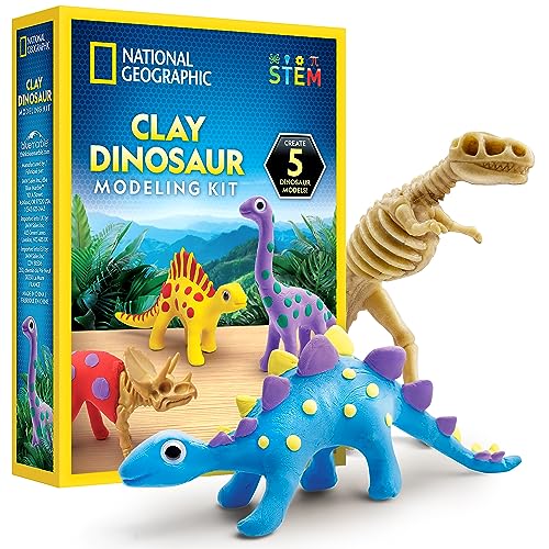 National Geographic Air Dry Clay Dinosaur Craft Kit – 5 Dino Skeletons, 5 Colors, Googly Eyes for Kids Ages 4+