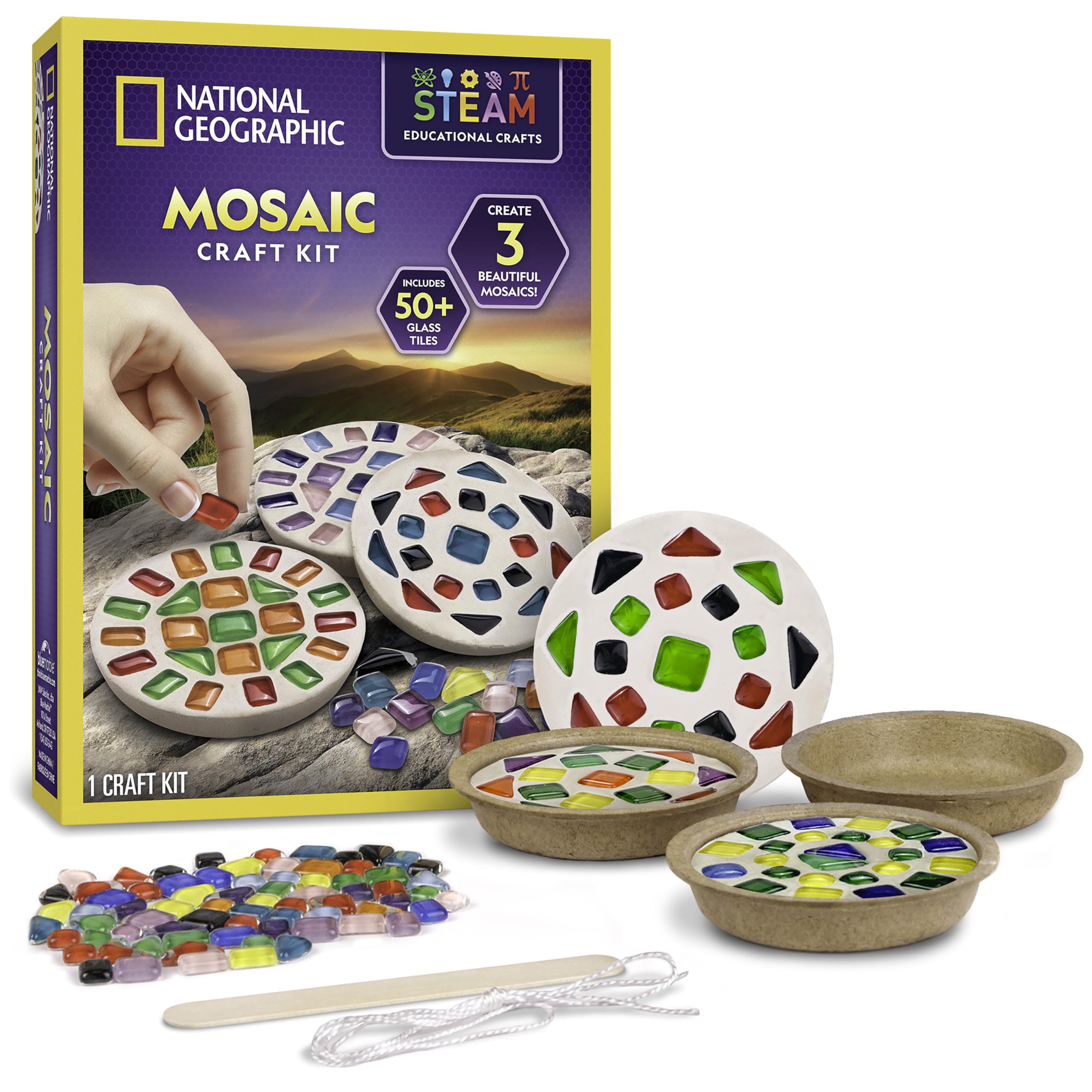 National Geographic Mosaic Kit – Create 3 Glass Tile Art Projects with Templates, Plaster & Hanging Cords for Ages 8+