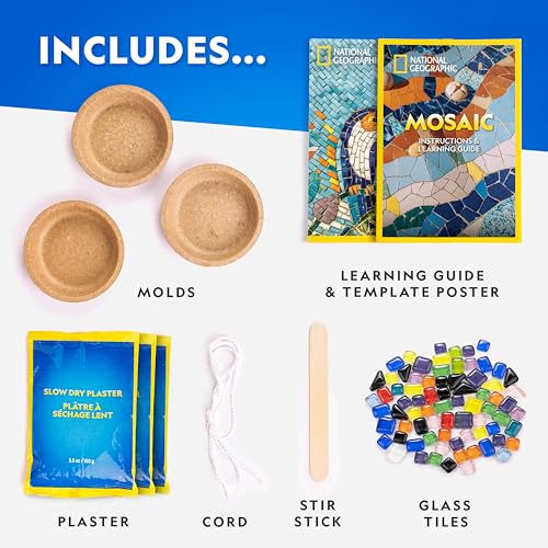 National Geographic Mosaic Kit – Create 3 Glass Tile Art Projects with Templates, Plaster & Hanging Cords for Ages 8+