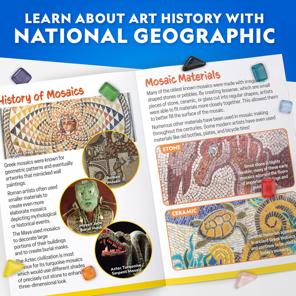 National Geographic Mosaic Kit – Create 3 Glass Tile Art Projects with Templates, Plaster & Hanging Cords for Ages 8+