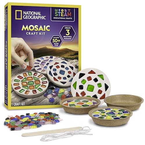 National Geographic Mosaic Kit – Create 3 Glass Tile Art Projects with Templates, Plaster & Hanging Cords for Ages 8+